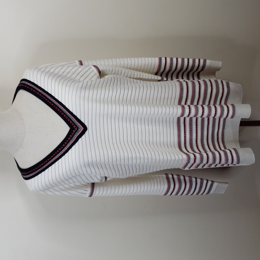 St John Ottoman Bianco Multi White Knit Illusion Stripe V Neck Sweater